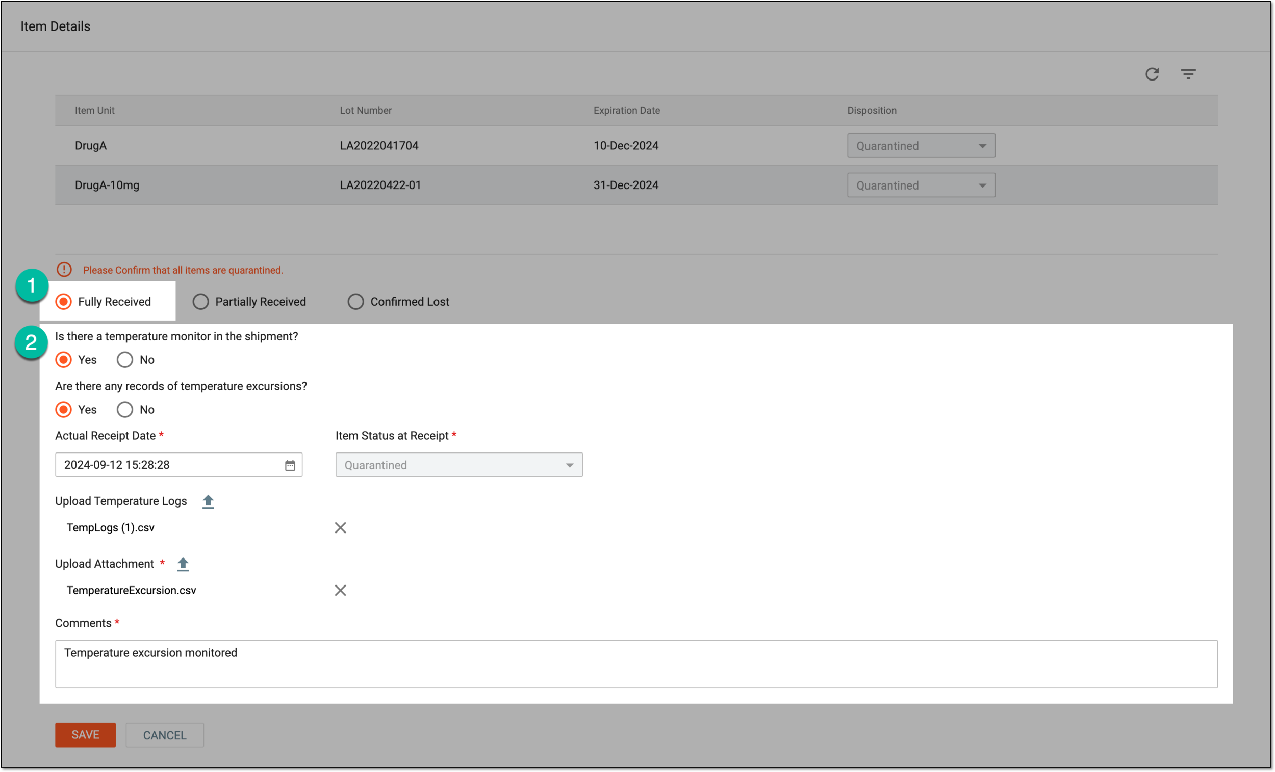 Marking items as quarantined upon fully receiving shipment