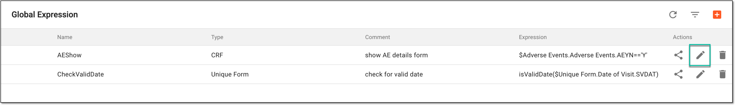 Selecting option to edit global expression