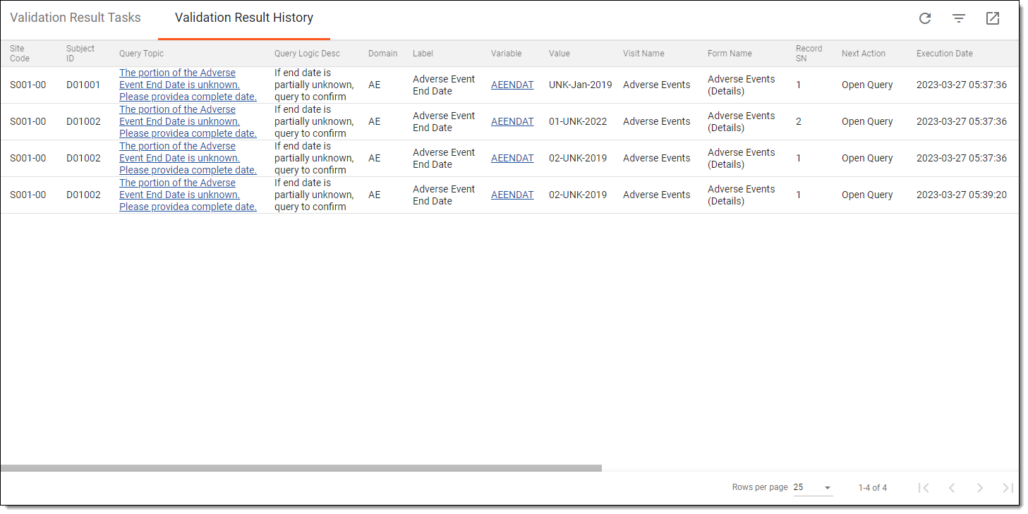 Viewing validation result history