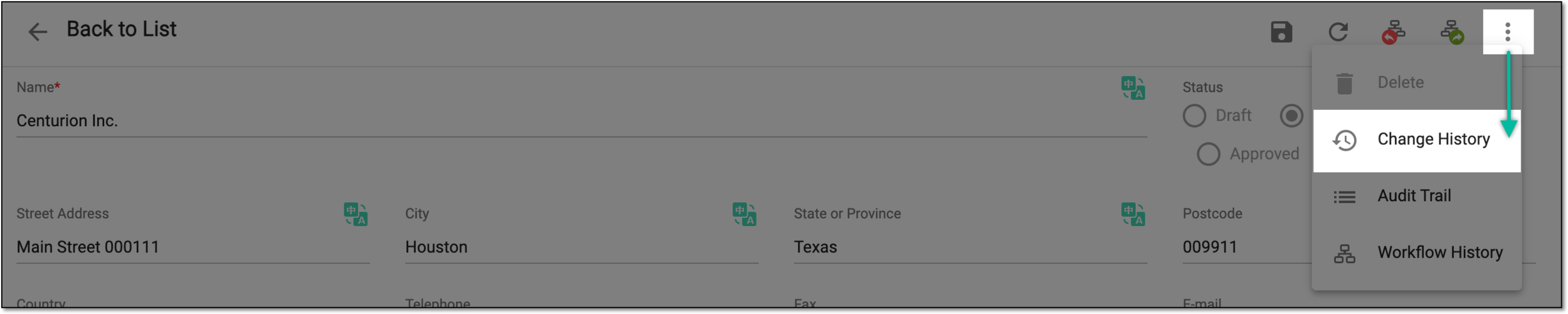 Selecting to view change history from detailspage