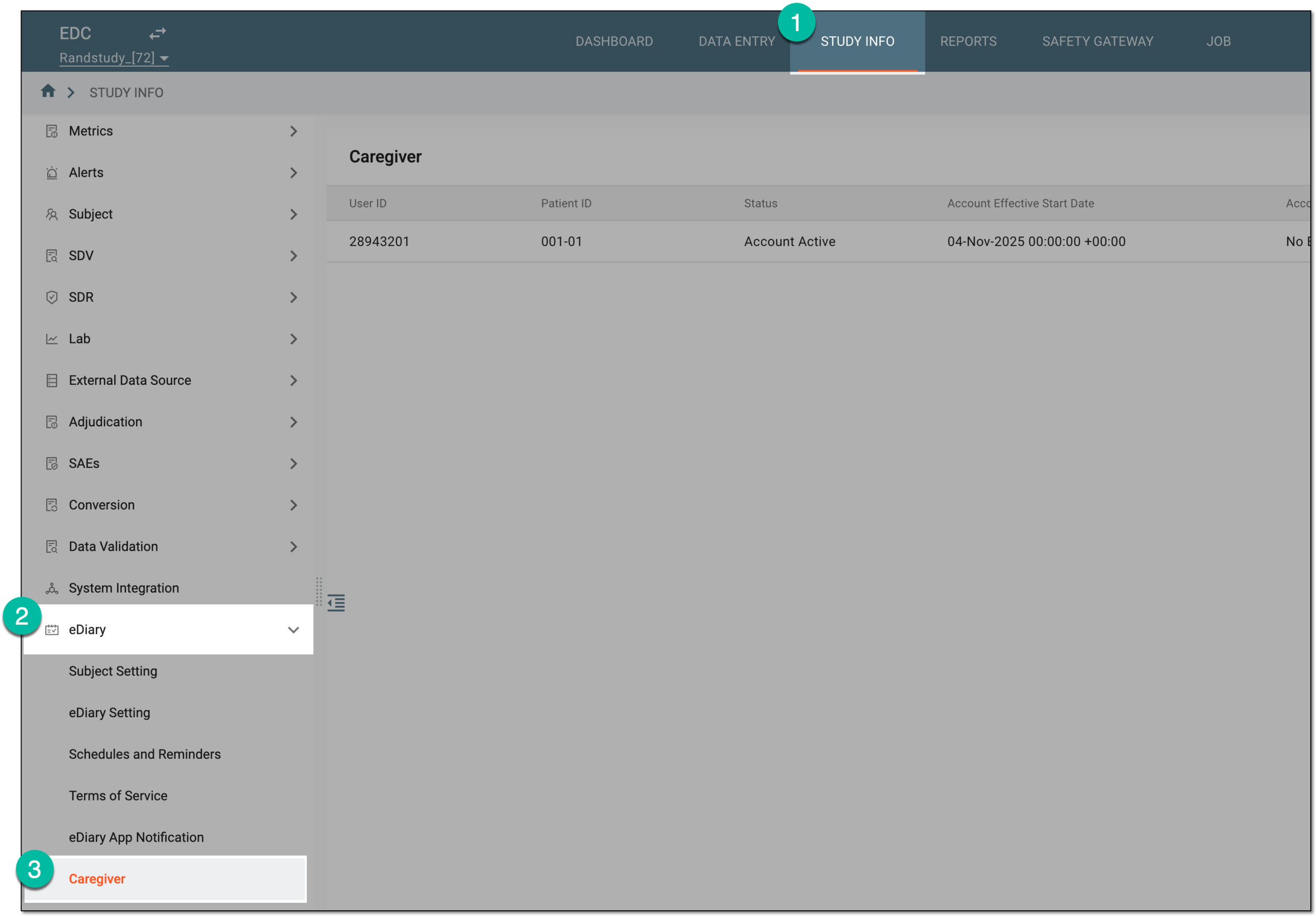 Accessing caregiver account management for eDiary