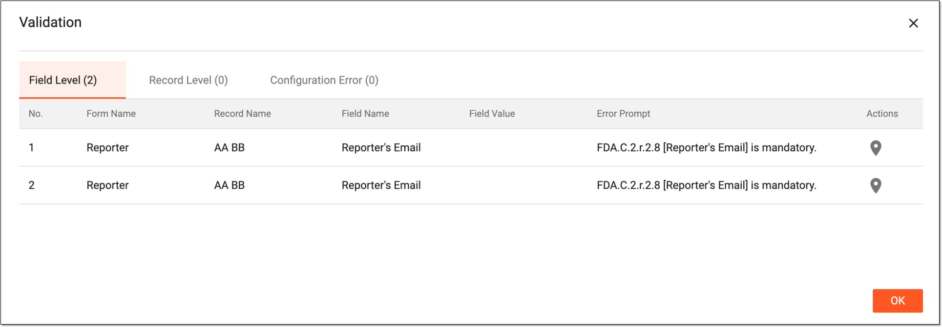 Addressing validation errors