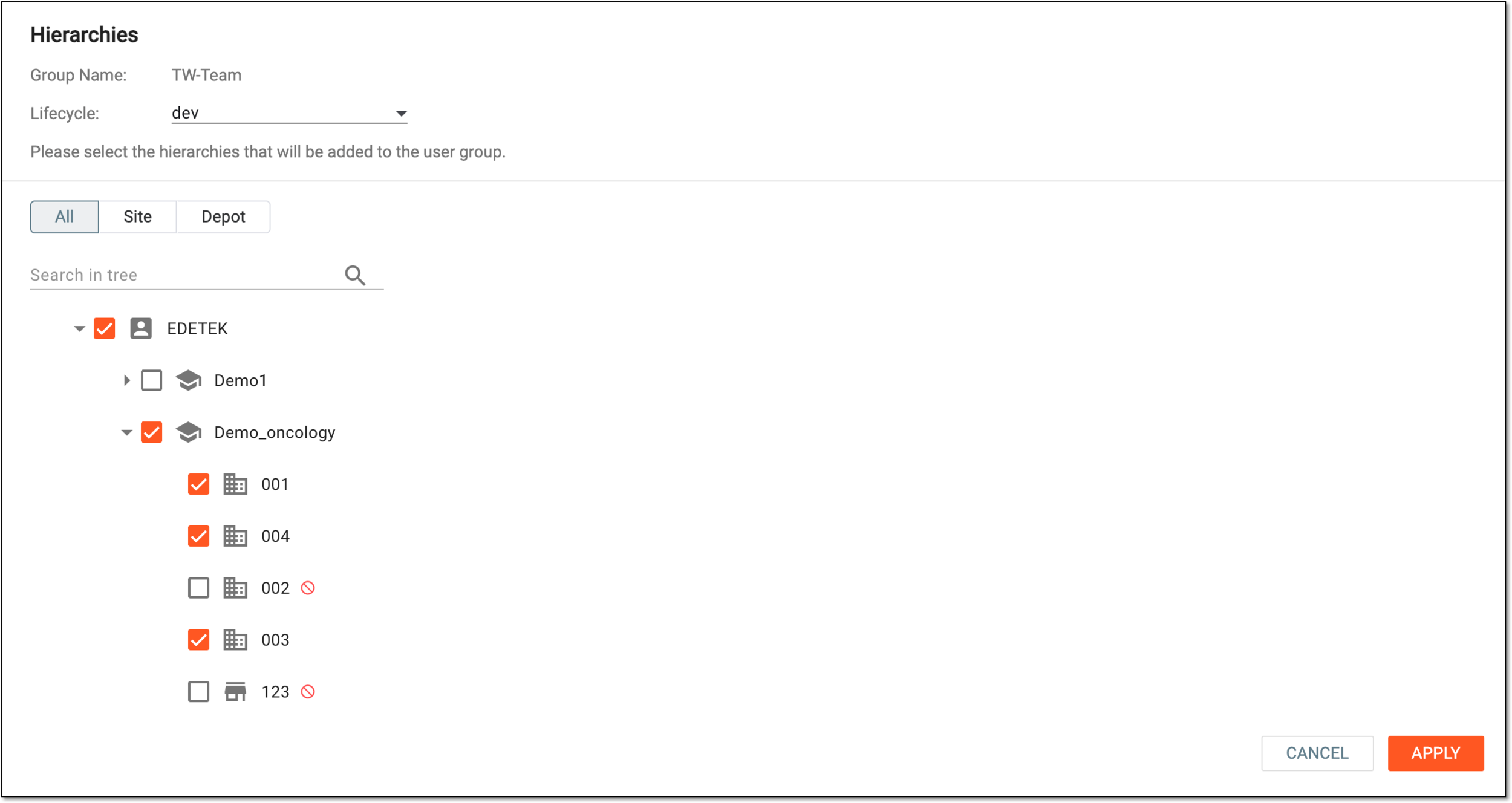 Providing access to sites and depots in hierarchy
