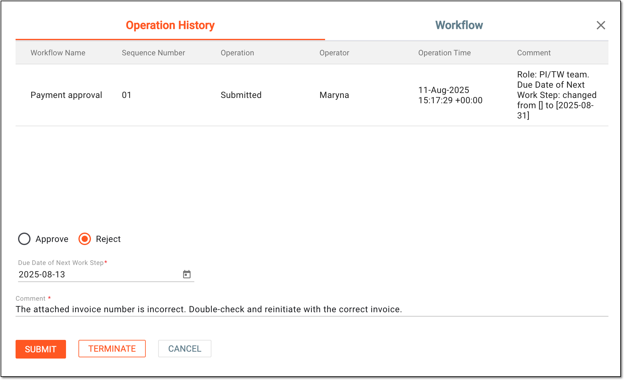 Rejecting payment request