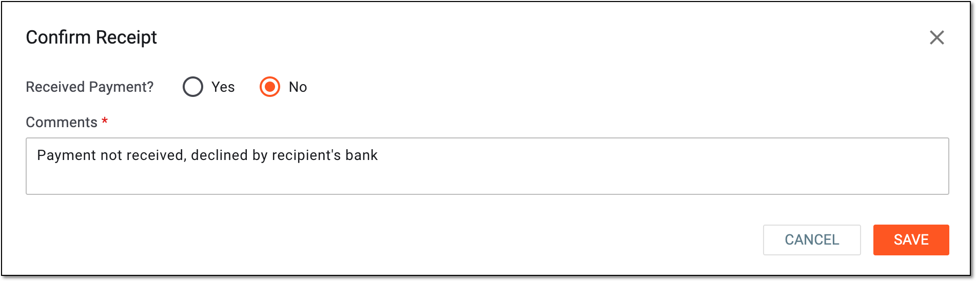 Stating payment not received