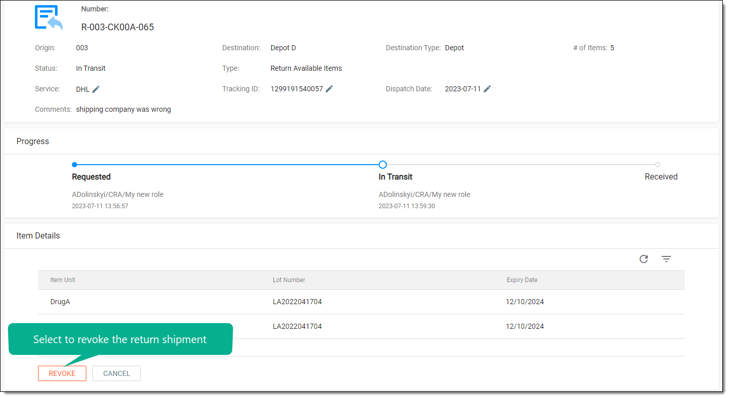 Revoking return shipment