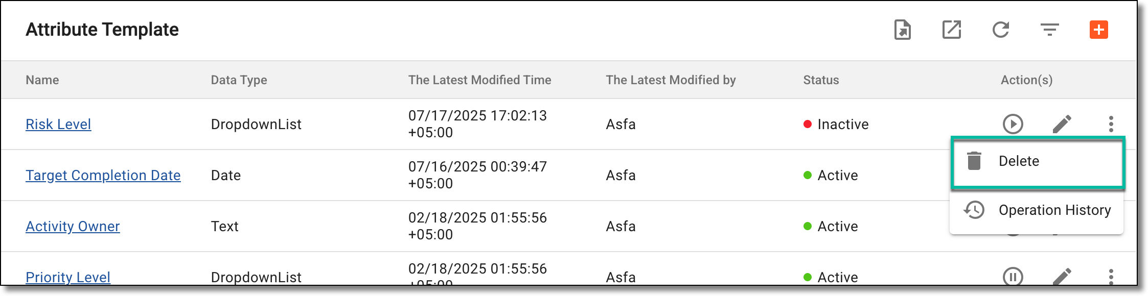 Selecting to delete attribute template