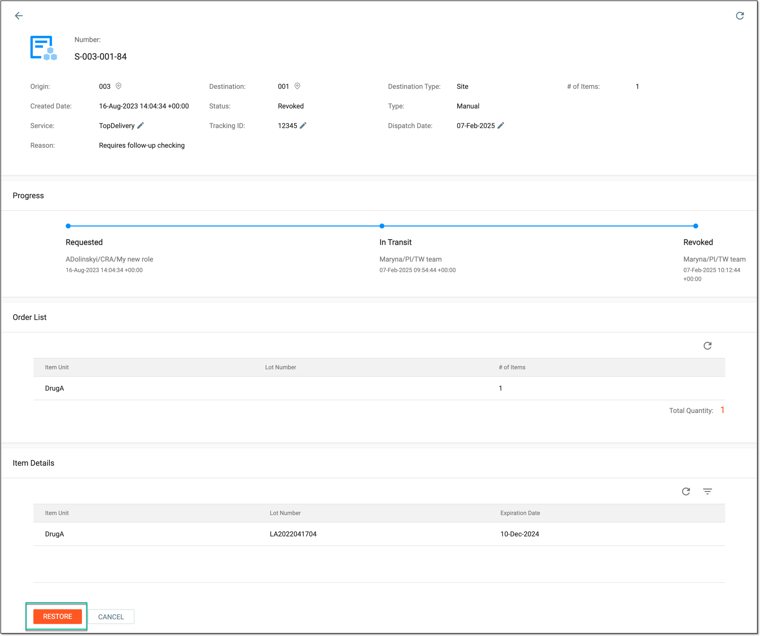 Restoring shipment