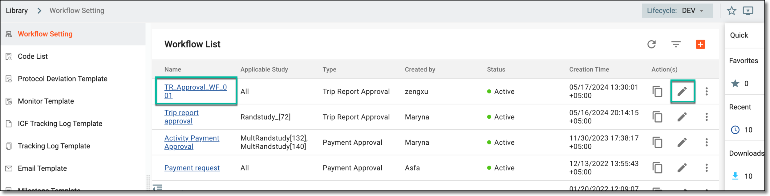 Accessing options to edit workflow