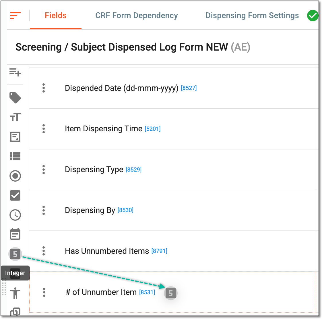 Dragging integer item to question