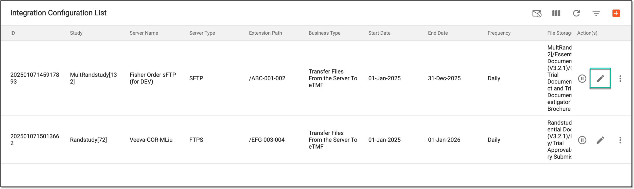 Selecting to edit integration configuration