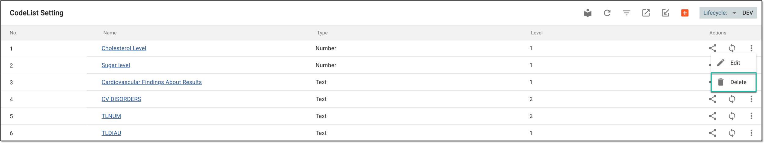 Selecting to delete codelist