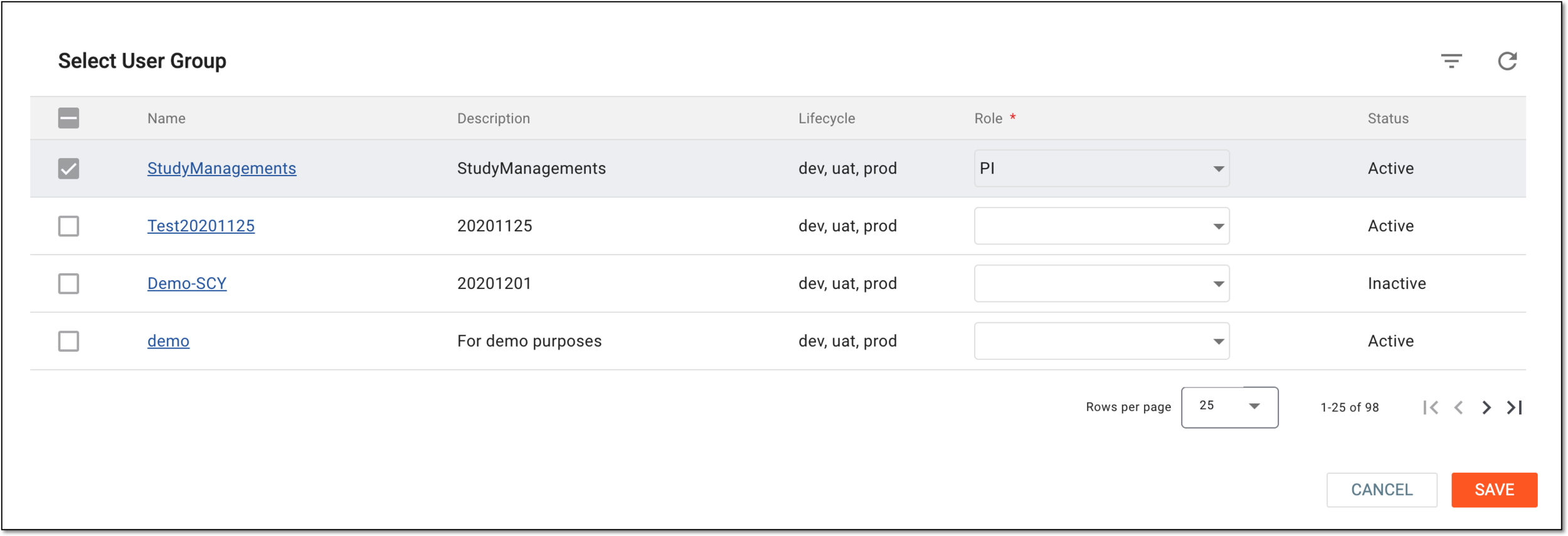 Selecting role within user group to provide access