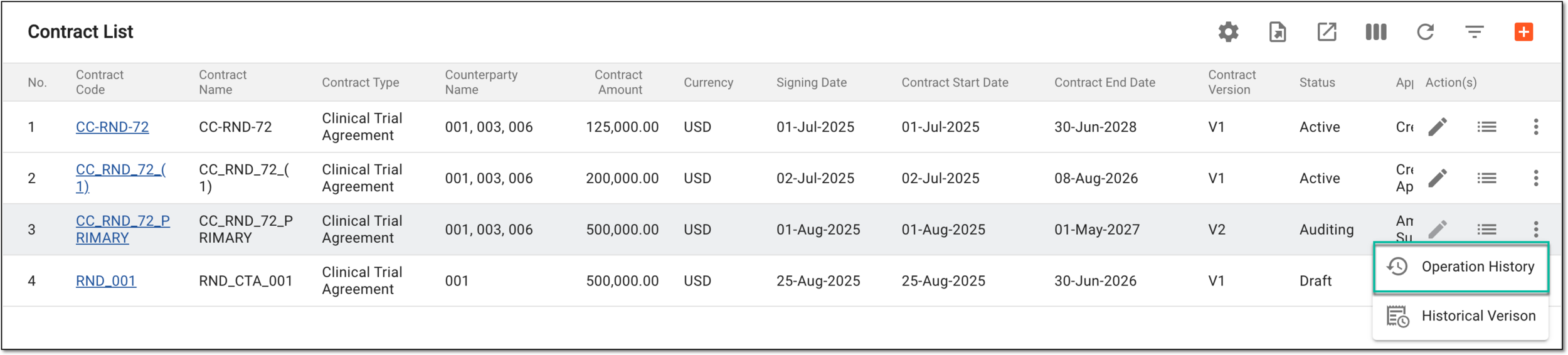 Accessing operation history for contract