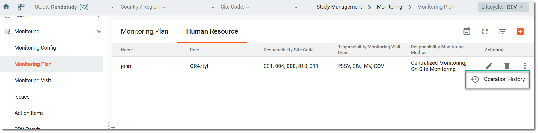 Accessing operation history of human resource