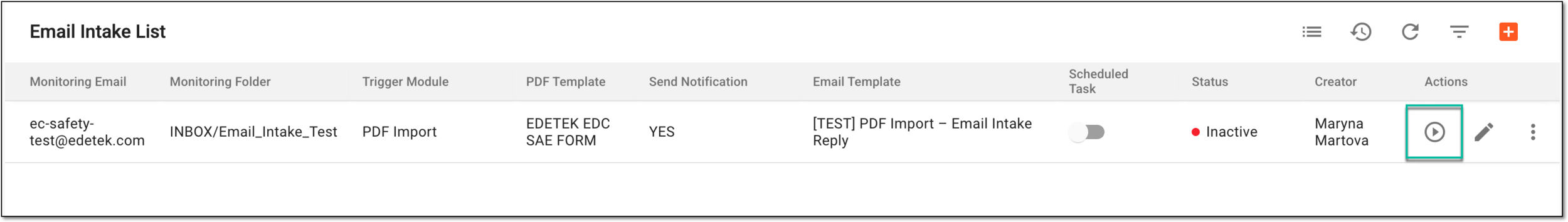 Selecting option to activate email intake configuration
