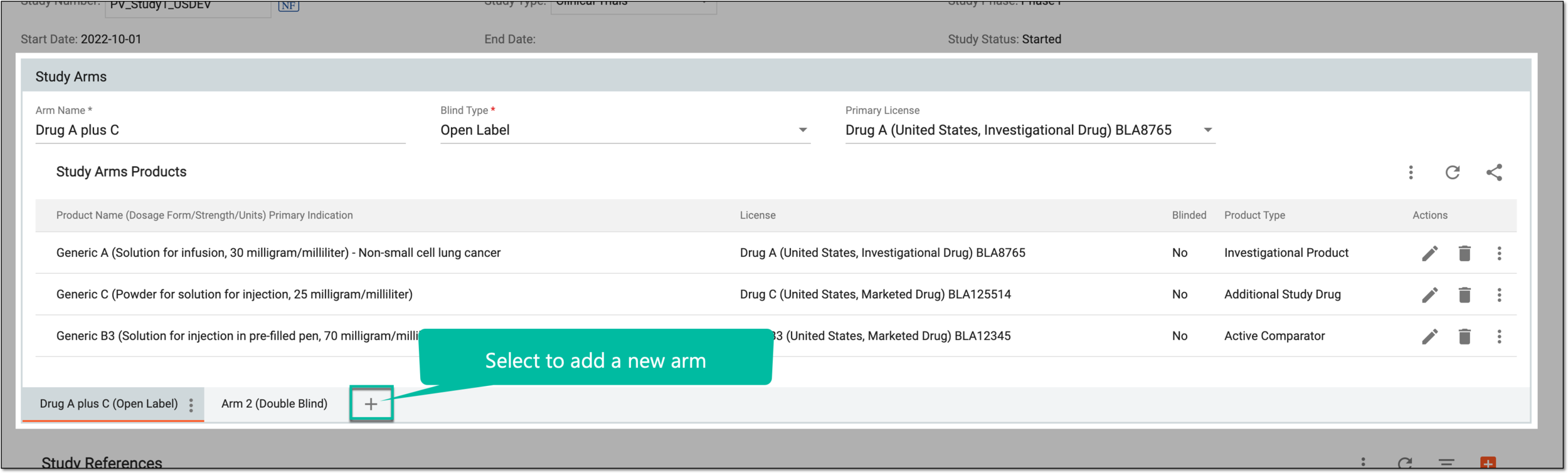 Selecting New in Study Arm table