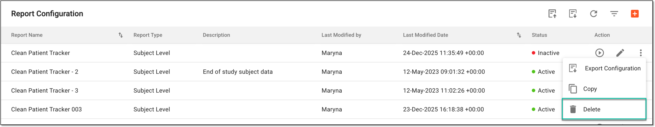 Selecting to delete inactive on-demand report