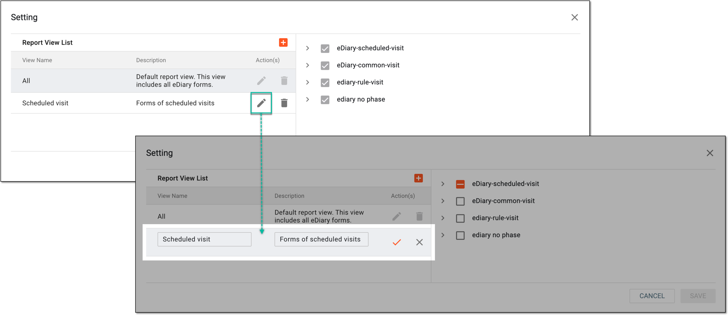 Selecting option to edit compliance report view setting