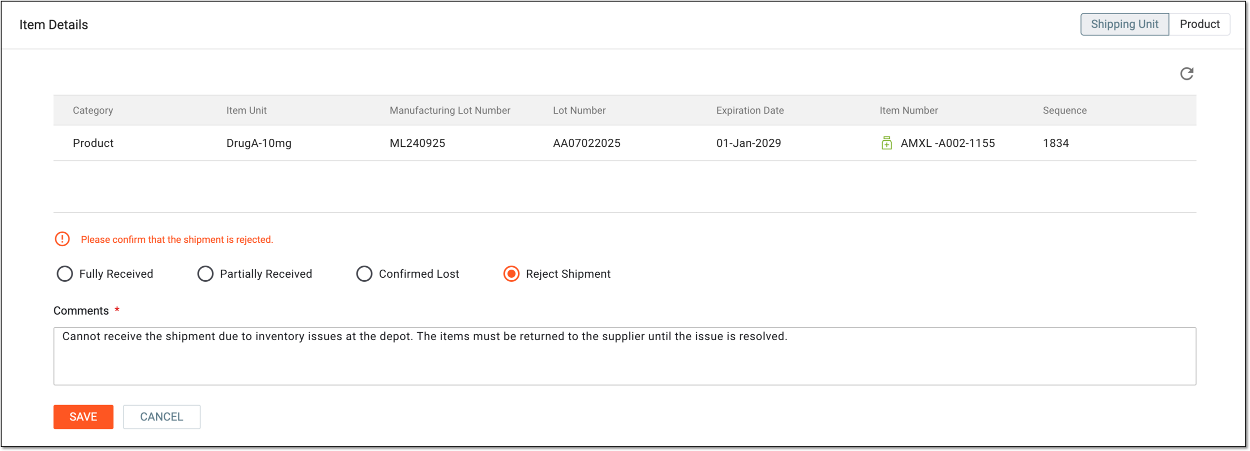 Rejecting shipment as applicant depot