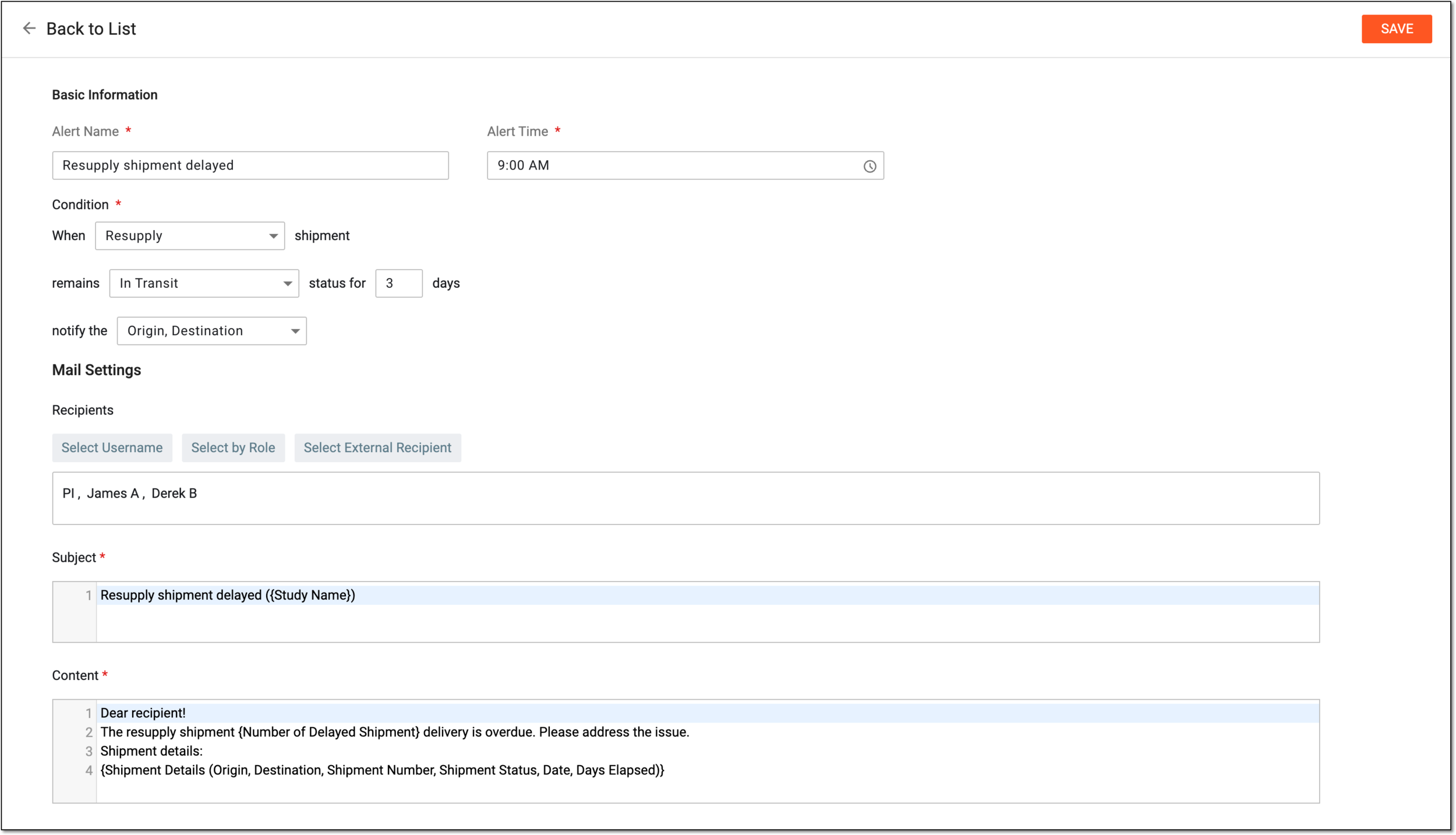 Editing delayed shipment alert