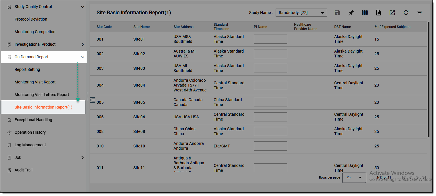 Selecting report to export