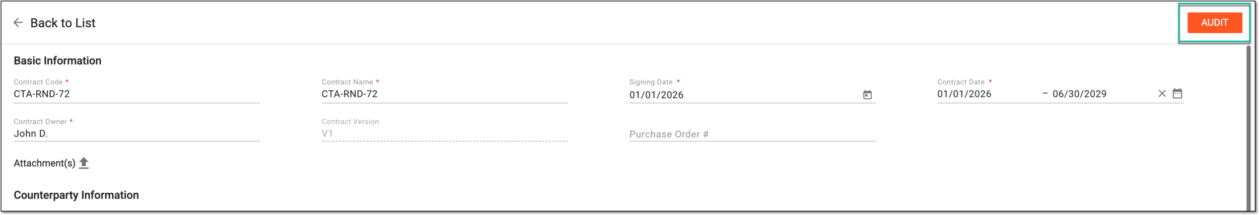Selecting option to audit contract from details page