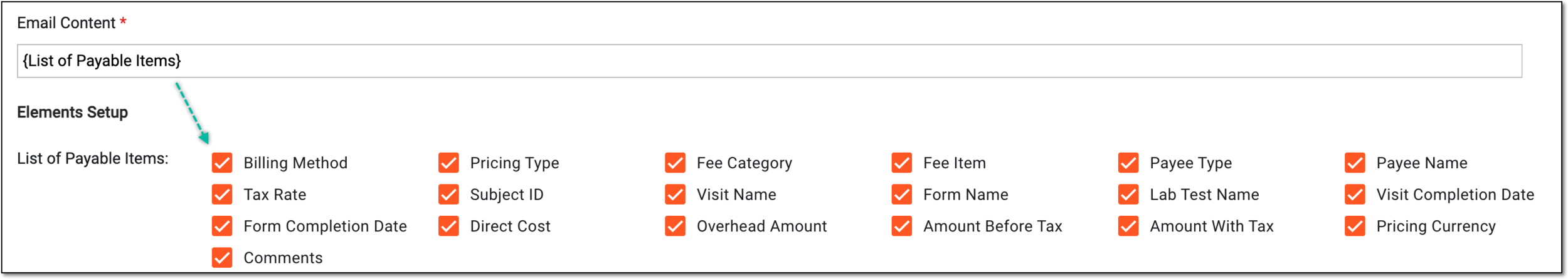 Displaying list of payable items to include into email