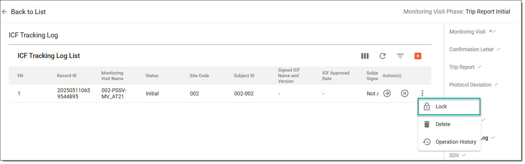 Locking ICF tracking report