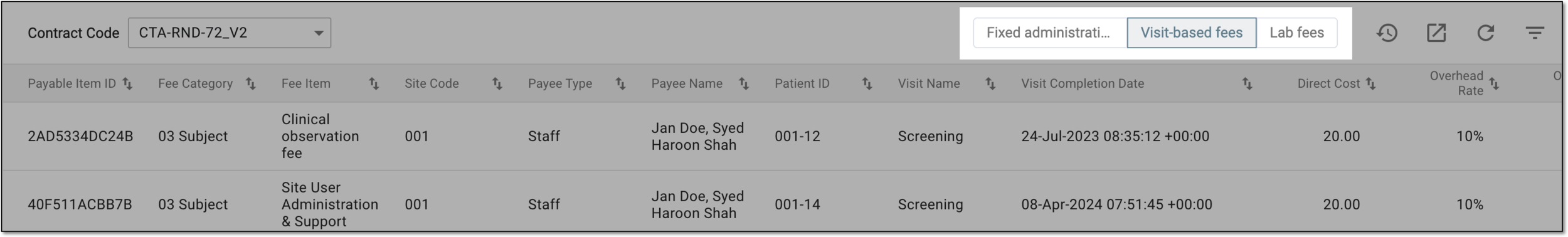Selecting filter button to show payable item list