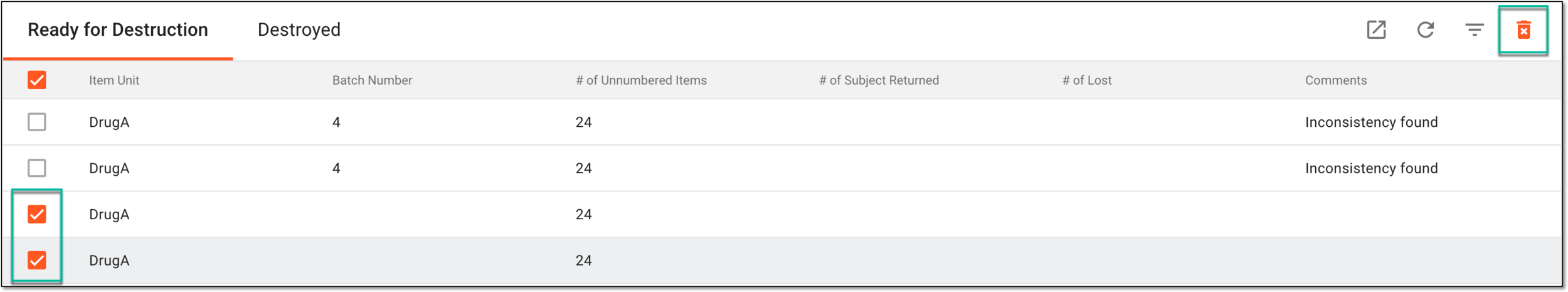 Selecting items to destroy
