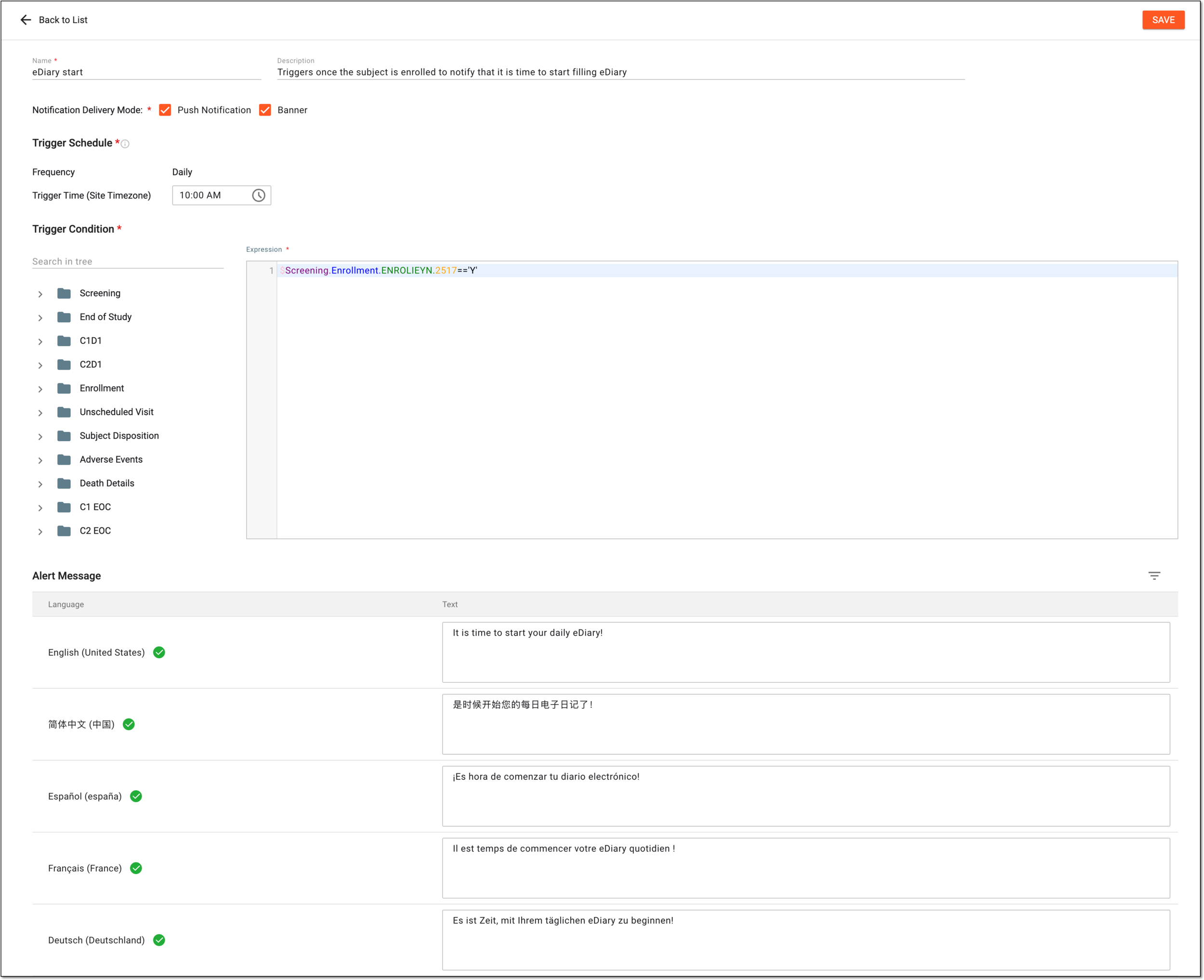Editing eDiary notification details