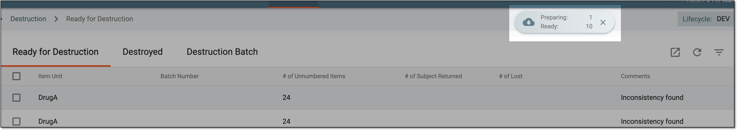 Downloads widget for item destruction data