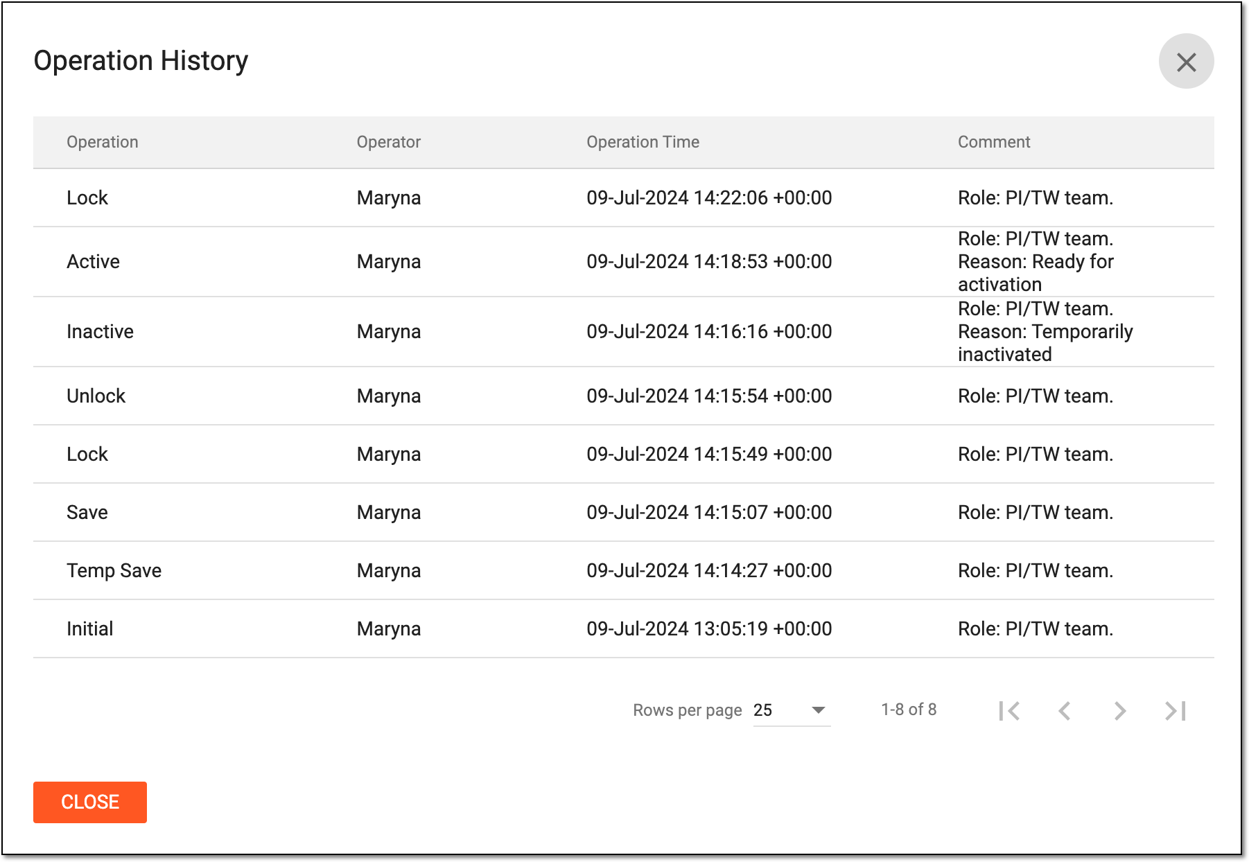 Reviewing ICF tracking record operation history