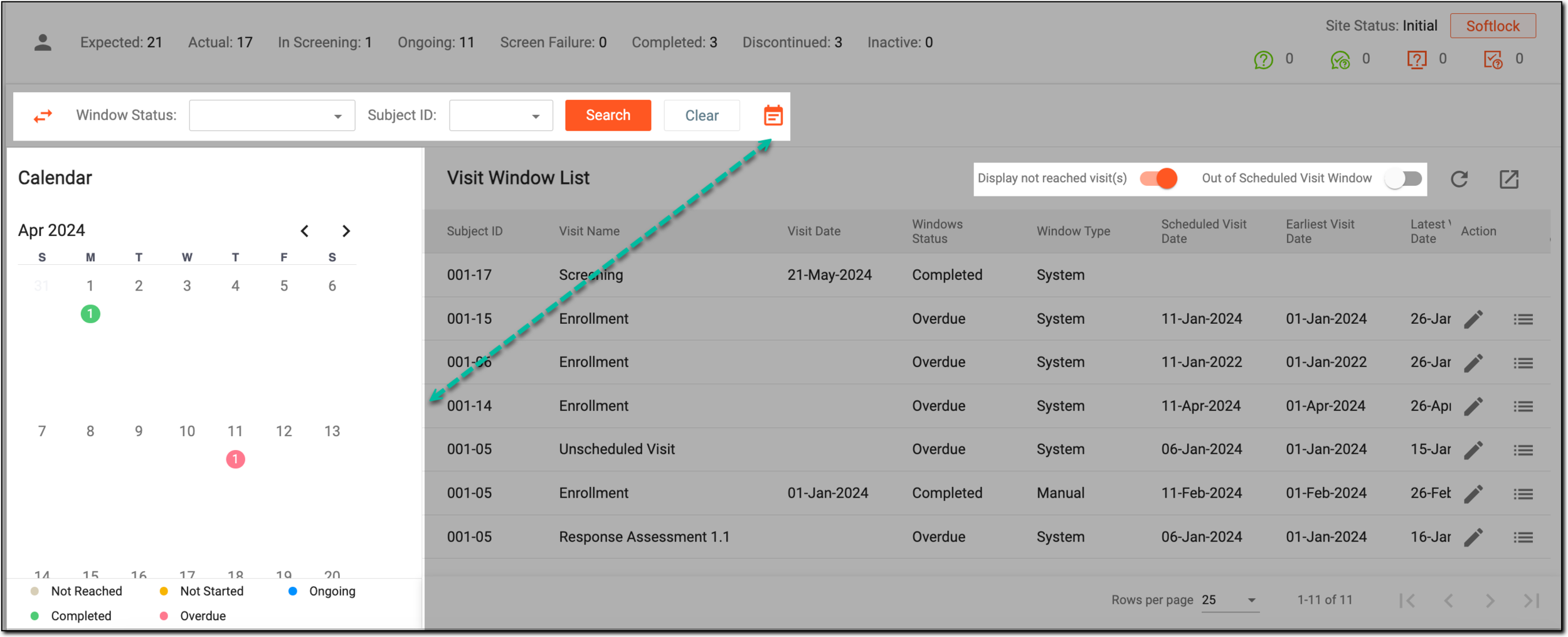 Filtering visit window list