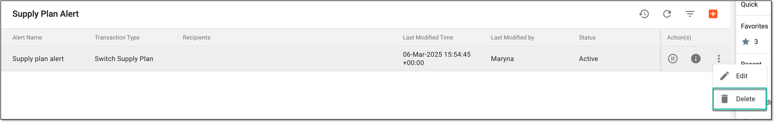 Selecting option to delete supply plan alert