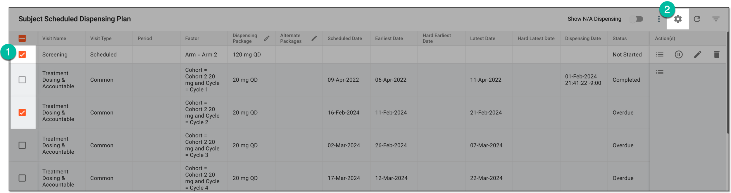 Selecting visits to set up