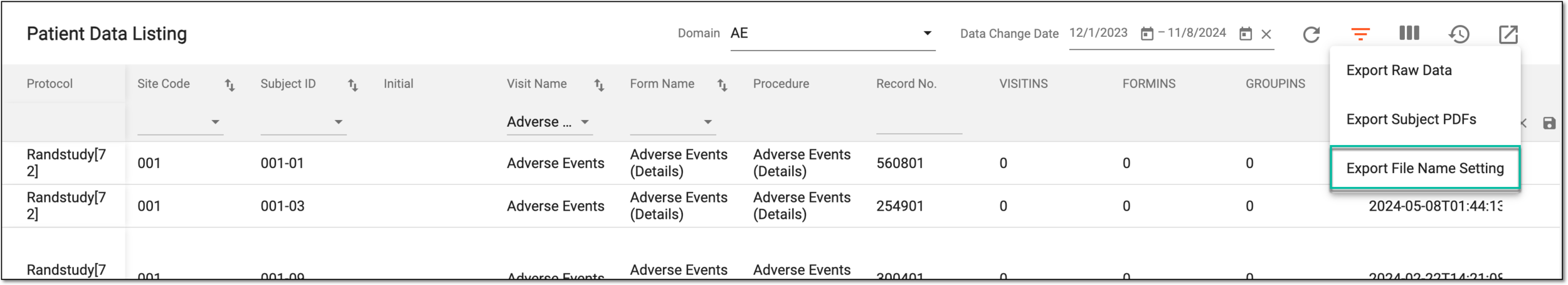 Selecting to configure export file name