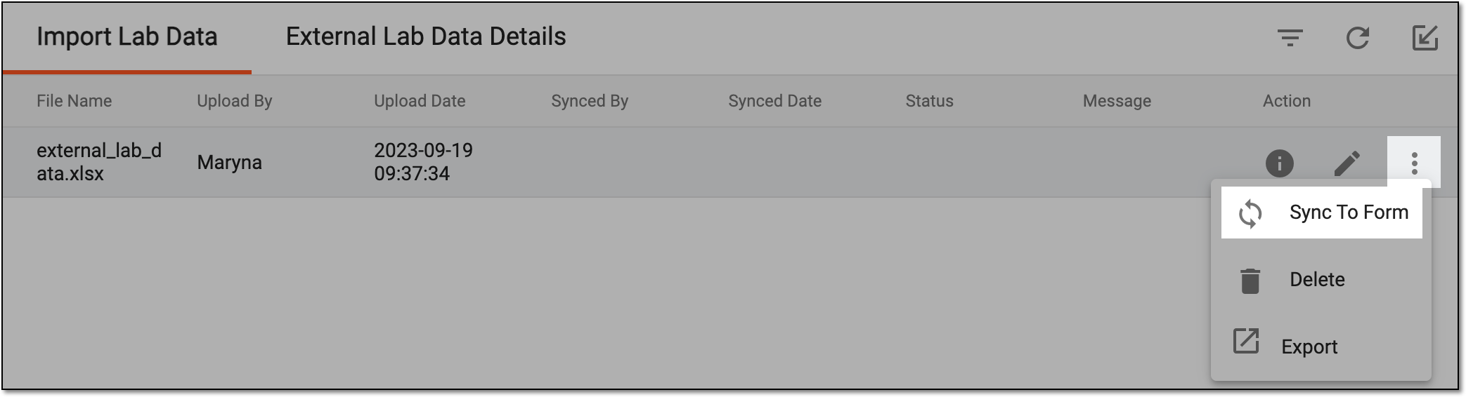 Synchronizing lab data to form
