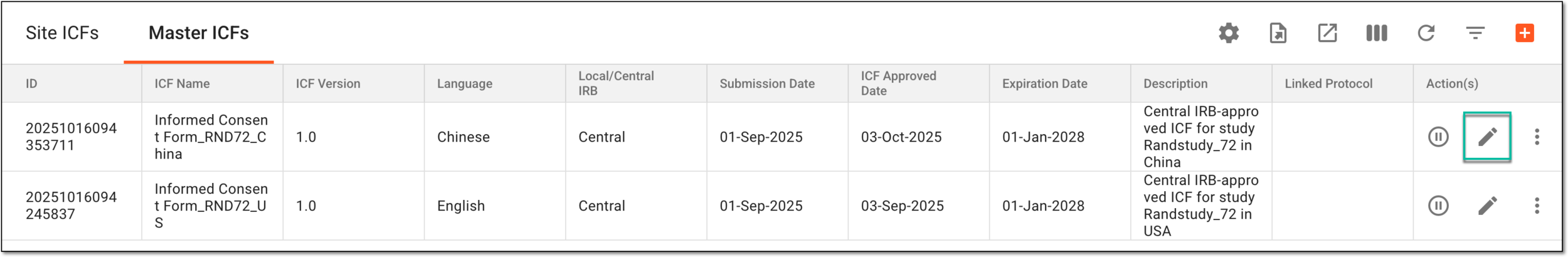 Selecting to edit master ICF listing record