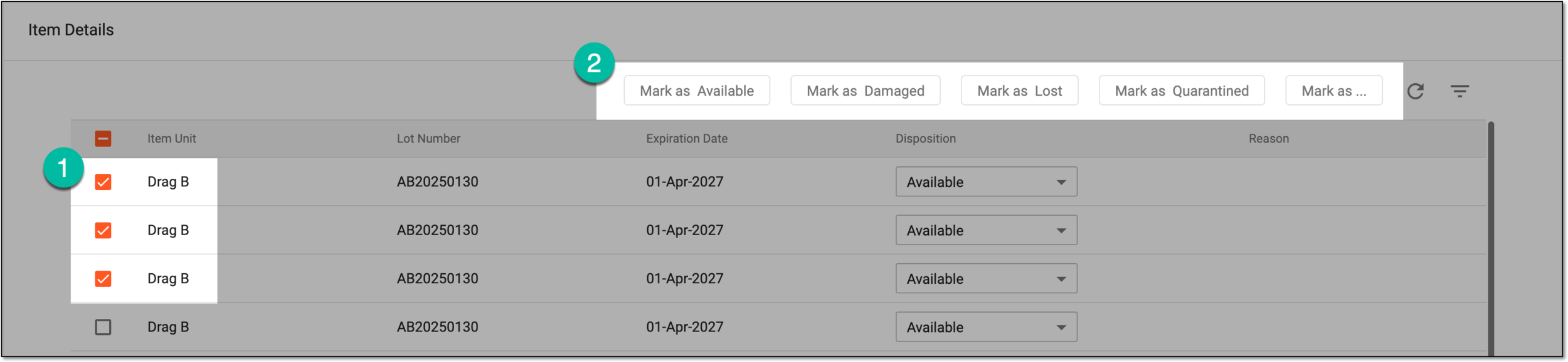 Changing item disposition in bulk