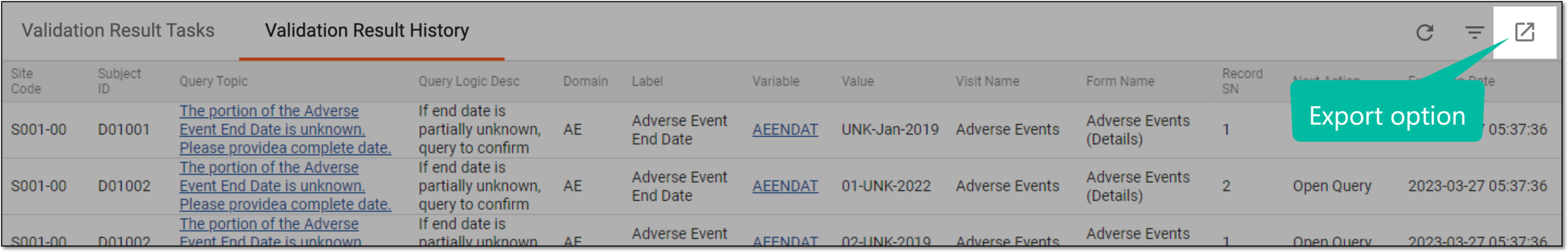Exporting validation result history