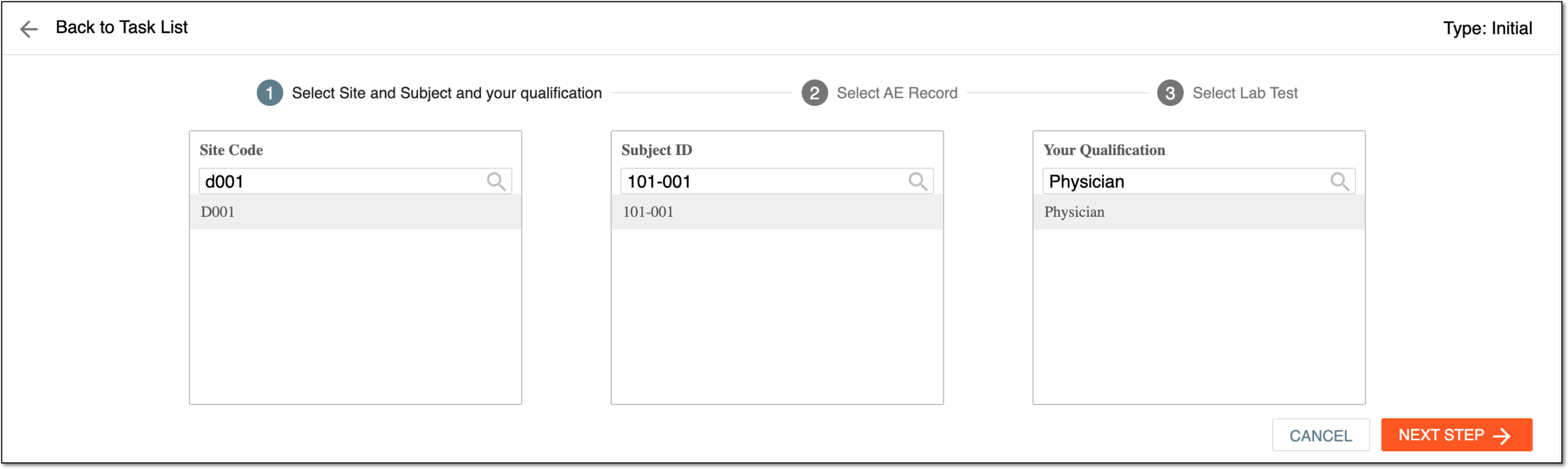 Selecting site, subject, and qualification