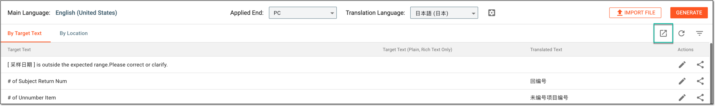 Exporting target texts