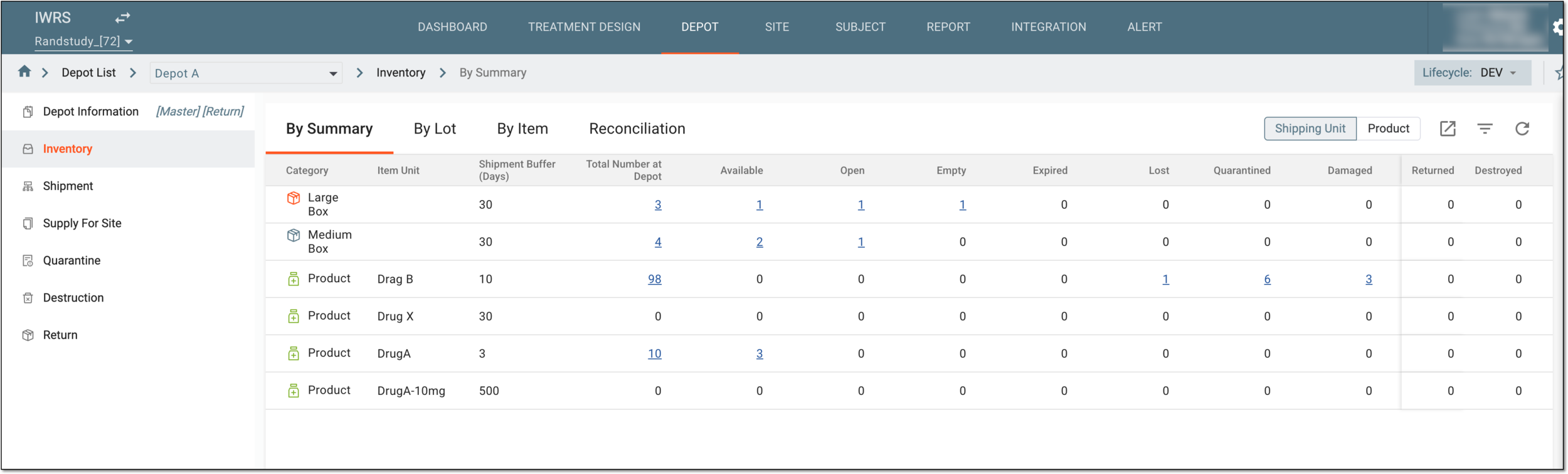 Depot inventory page by container unit