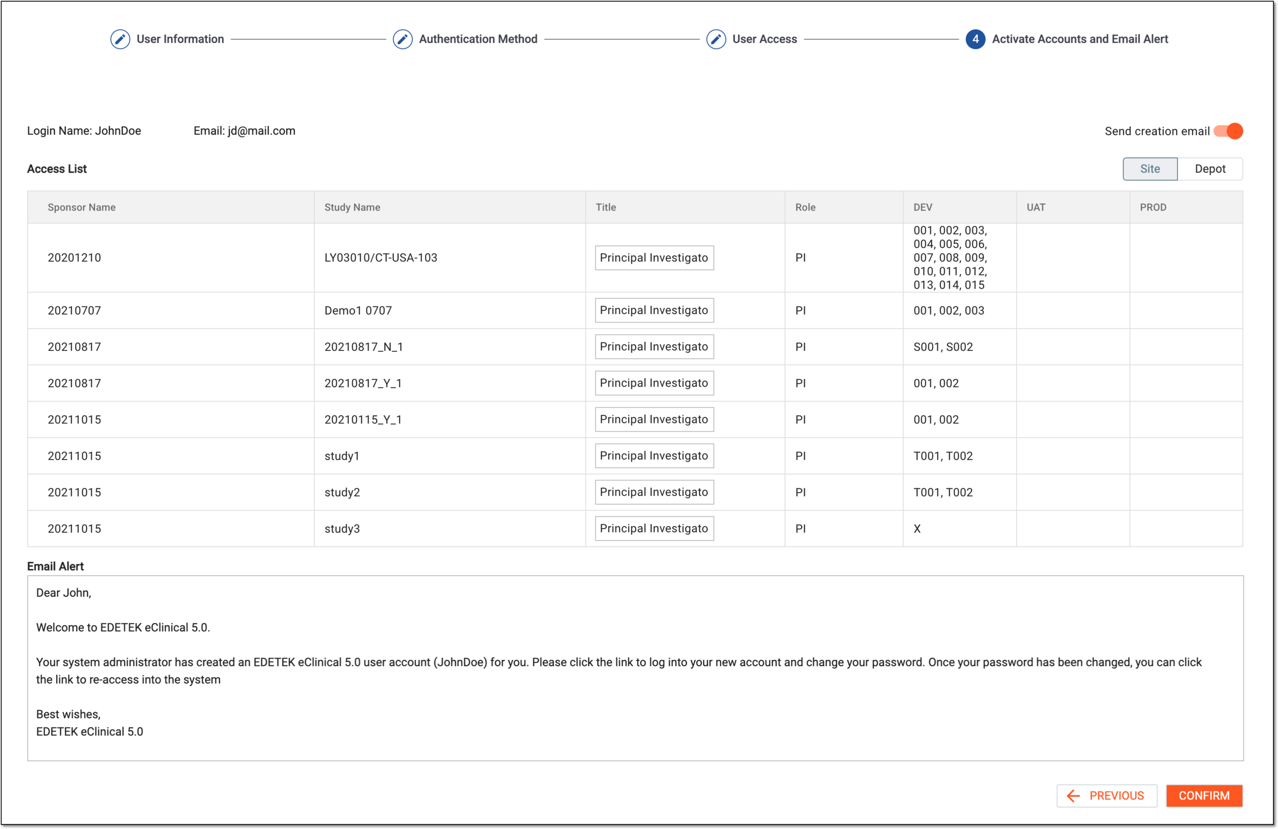 Confirming and activating user roles and accesses and sending email