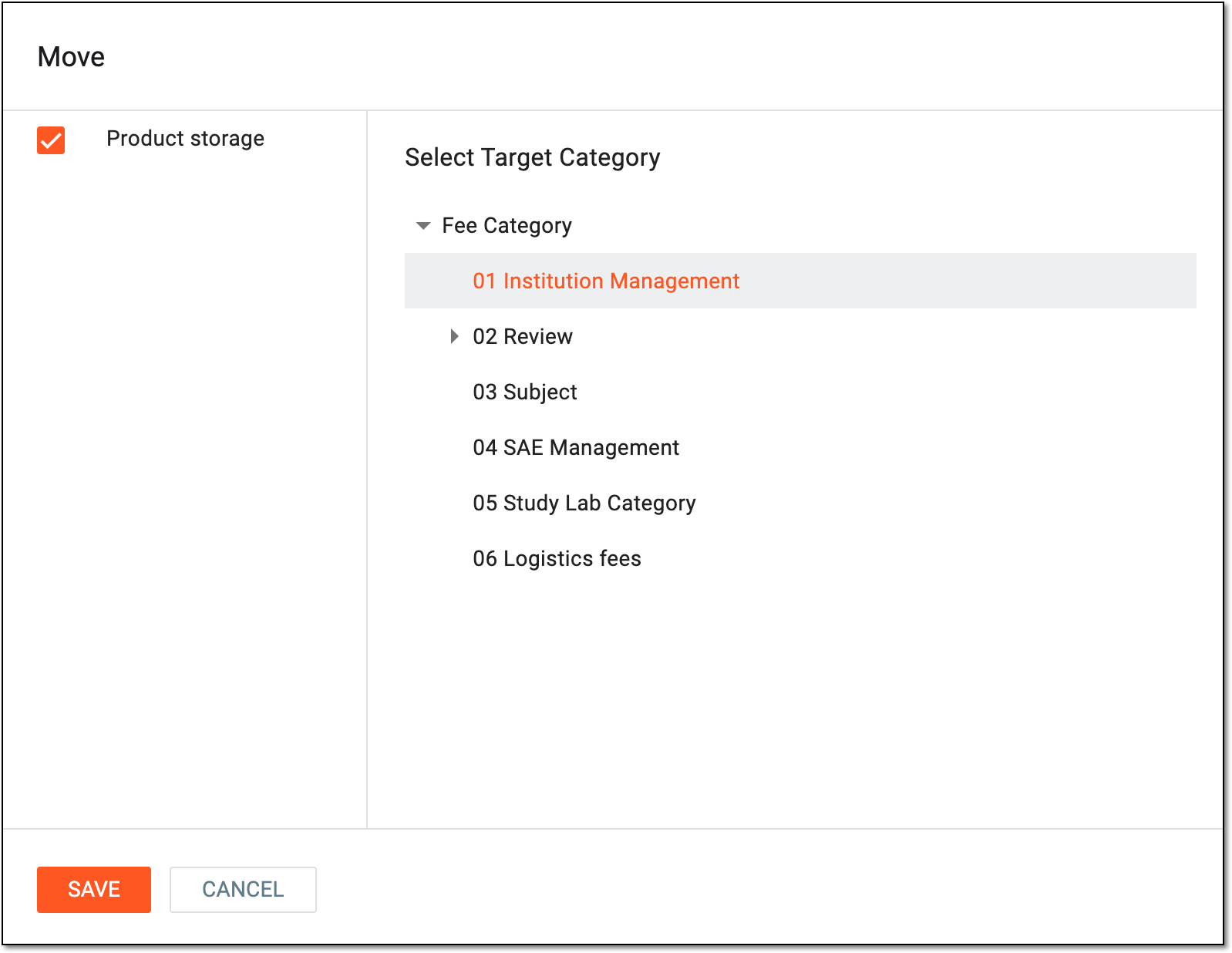 Selecting target category to move fee items