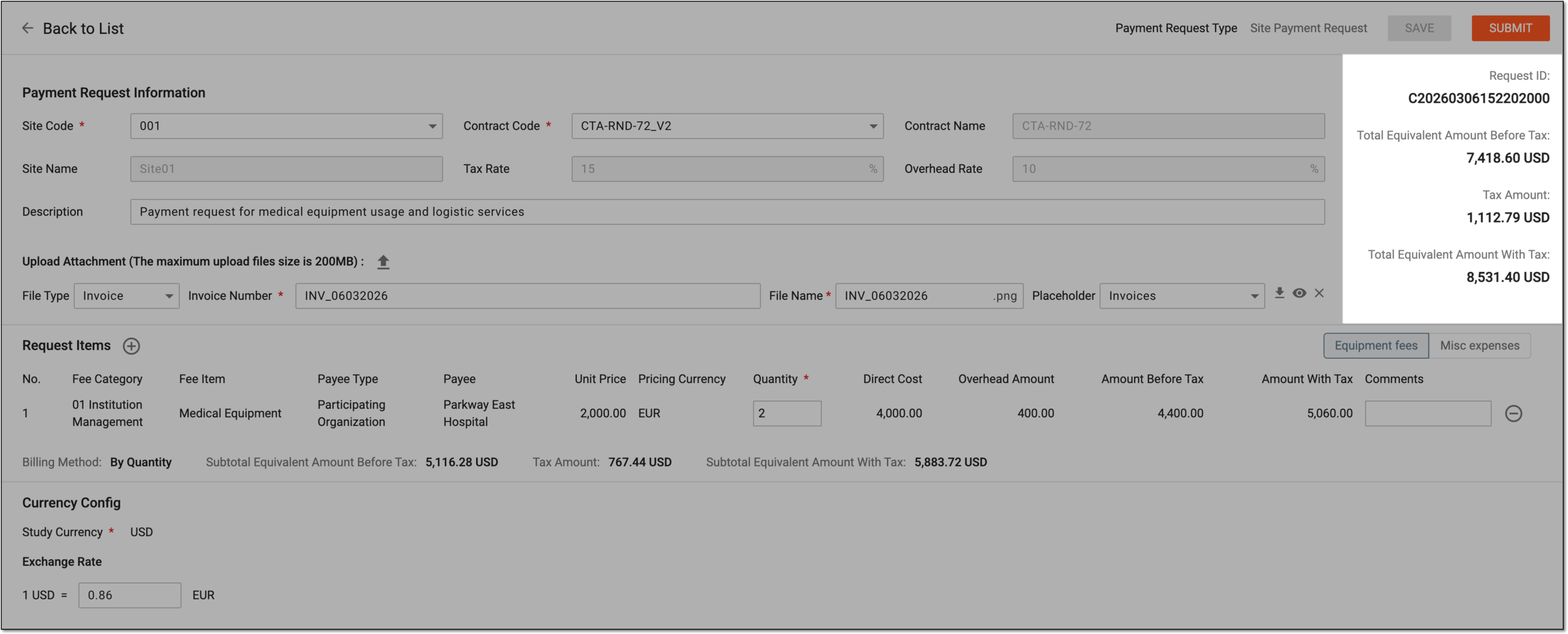 Example of payment request ID and summary