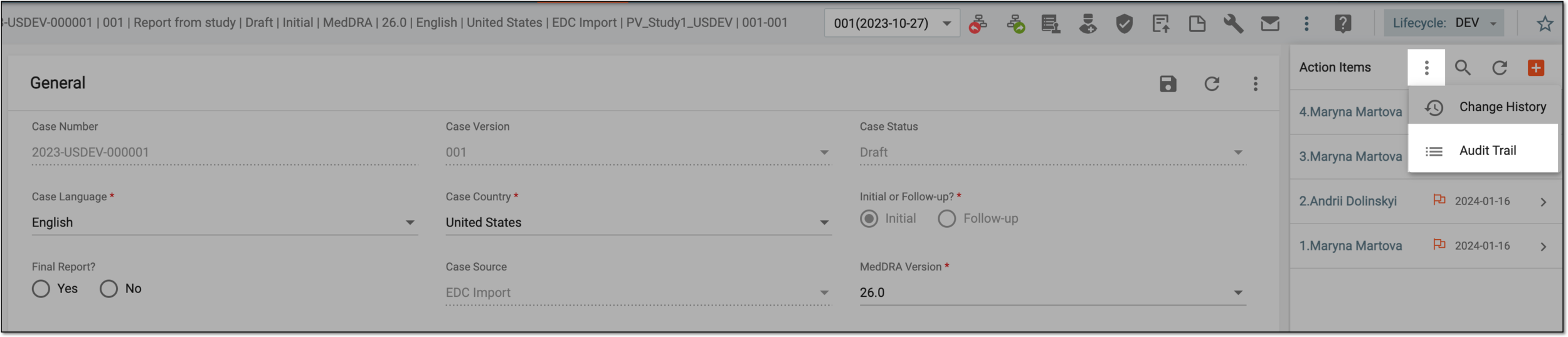 Selecting to view action item audit trail