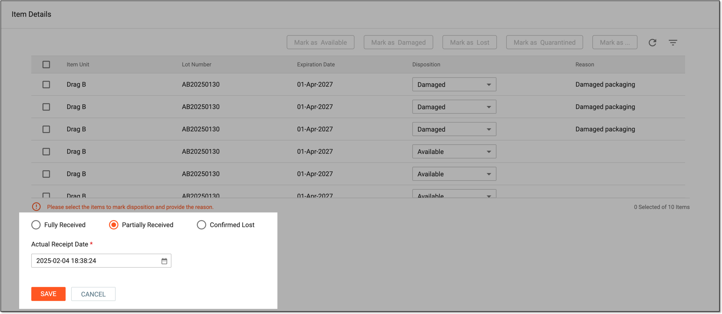 Finalizing partial shipment receipt